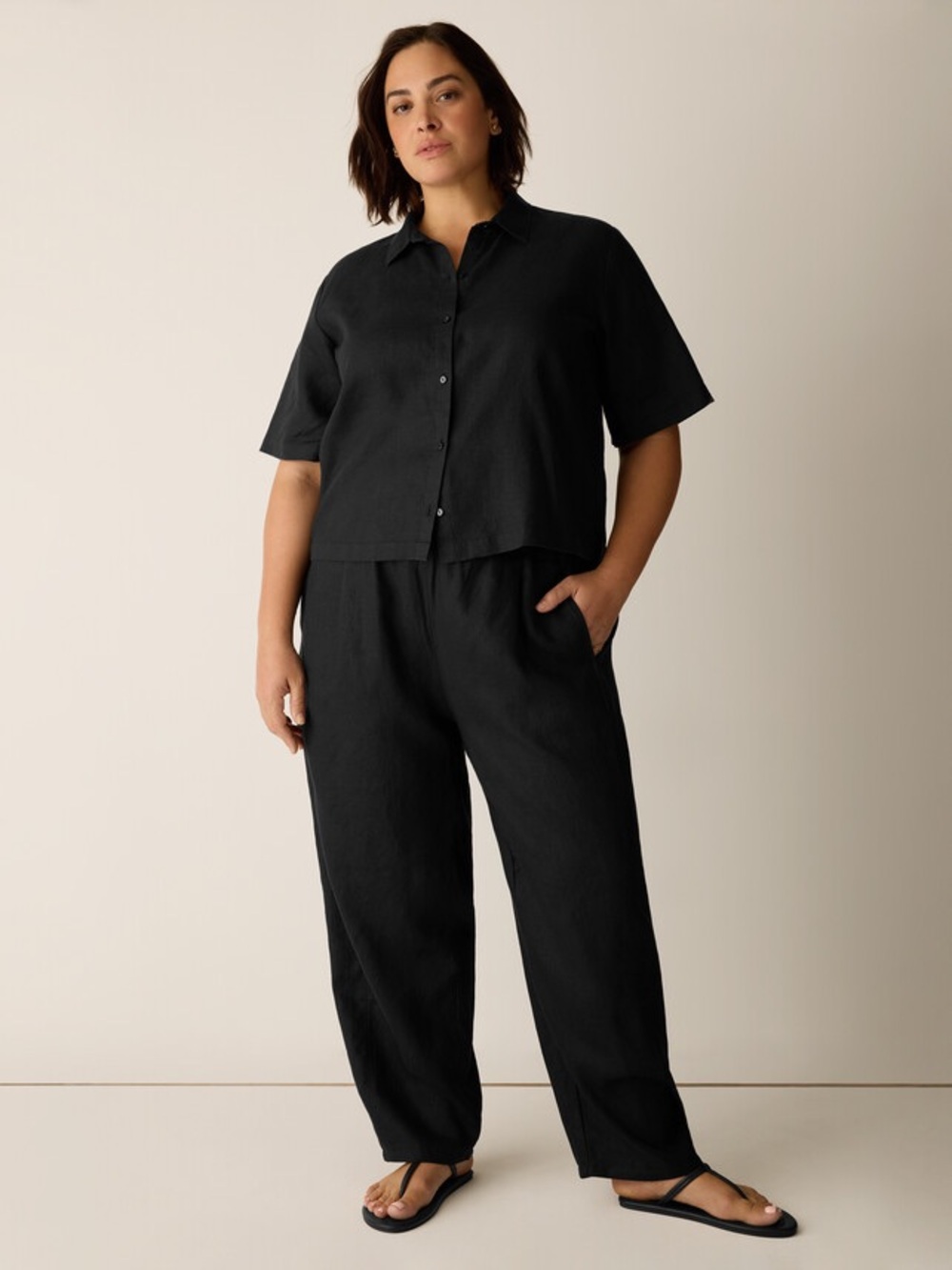 Eileen fisher black organic linen lantern wide leg barrel pant large lagenlook